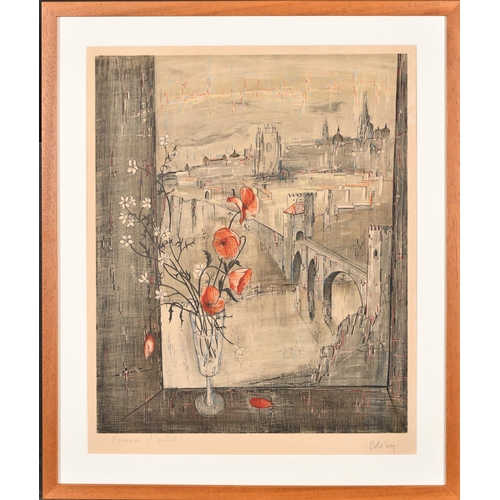 123 - Jacques Bleny (1925-1960) French. Poppies in a Window with a Town Scene beyond, Lithograph, Signed a... 