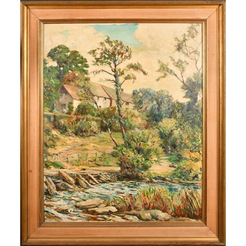 197 - 20th Century English School. A Garden Stream, Oil on board, 36