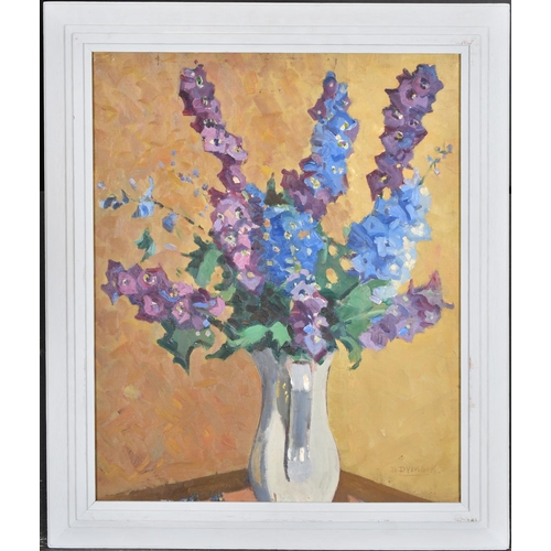 223 - Dorothy Dymock (1881-1984) British. 'Delphiniums', Oil on canvas laid down, Signed, with a sketch of... 