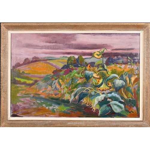 224 - Phyllis Bray (1911-1991) British. Sunflowers in a Landscape, Oil on canvas laid down, Signed with in... 