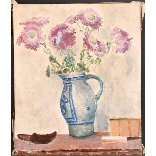 275 - Edmond Xavier Kapp (1890-1978) British. 'Blue Jug and Chrysanthemums', Oil on canvas, unframed 24