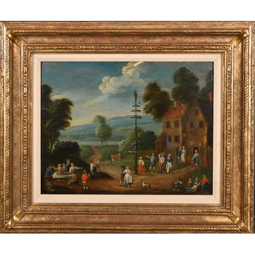 30 - 18th Century Dutch School. Figures around a Maypole, Oil on panel, Indistinctly signed, 12