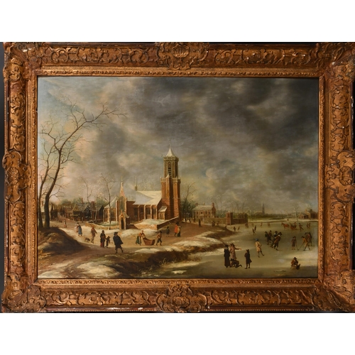 38 - Manner of Abraham Beerstraaten (1643-1666) Dutch. A Winter Scene with Figures Skating, a church beyo... 