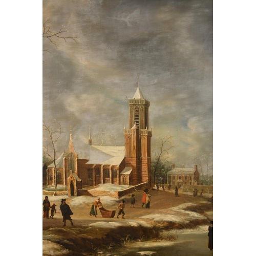 38 - Manner of Abraham Beerstraaten (1643-1666) Dutch. A Winter Scene with Figures Skating, a church beyo... 