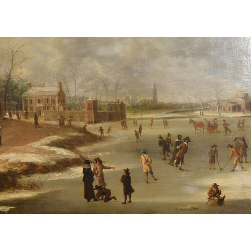 38 - Manner of Abraham Beerstraaten (1643-1666) Dutch. A Winter Scene with Figures Skating, a church beyo... 