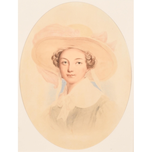 60 - 19th Century English School. Portrait of a Young Lady wearing a Hat, Watercolour, Oval, 12.5 x 9.5