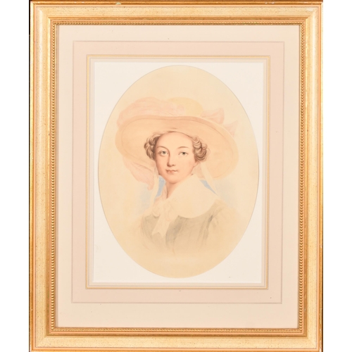 60 - 19th Century English School. Portrait of a Young Lady wearing a Hat, Watercolour, Oval, 12.5 x 9.5