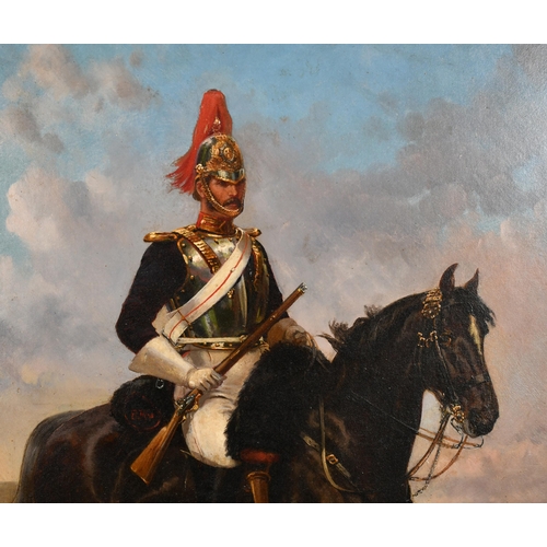 76 - Alfred Frank de Prades (1825-1885) French/British. A Royal Horse Guard Trooper, Oil on board, Signed... 