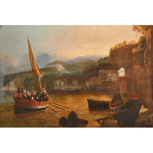 82 - Early 19th Century European School. A Boat Coming into Harbour, Oil on board, In a maple frame, 10.2... 