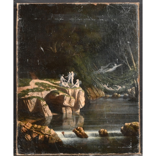 85 - 19th Century English School. Fairies in a Fantasy River Landscape, Oil on canvas, unframed 13.5