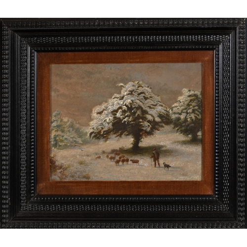 89 - 19th Century English School. Shepherd and Flock in a Winter Landscape, Oil on board, 8