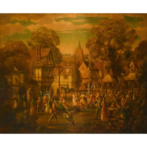 54 - Early 19th Century English School. A Village Fayre with Figures Dancing Round a Maypole, Oil on canv... 