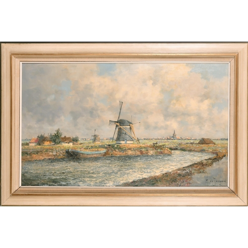 252 - Marinus Johannes Drulman de Jongere (1912-1978) Dutch. A River Scene with a Windmill and a distant C... 