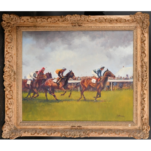 123 - Matt Bruce (1915-2000) British. A Racing Scene, Oil on board, Signed, 20