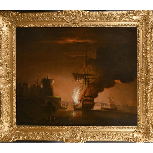 130 - Peter Monamy (1681-1749) British. A Man of War on Fire off the Coast at Night, Oil on canvas, Signed... 