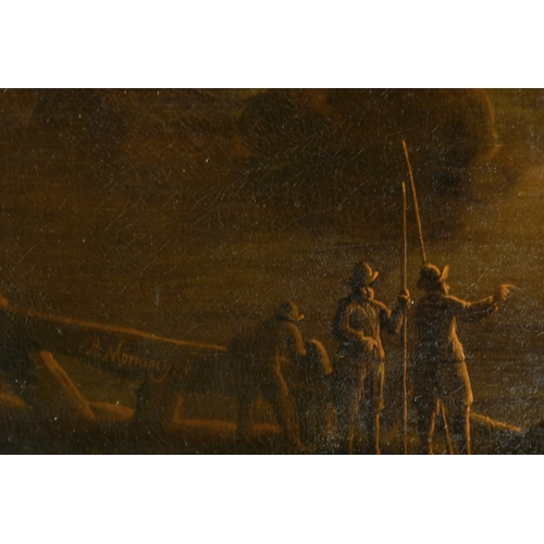 130 - Peter Monamy (1681-1749) British. A Man of War on Fire off the Coast at Night, Oil on canvas, Signed... 