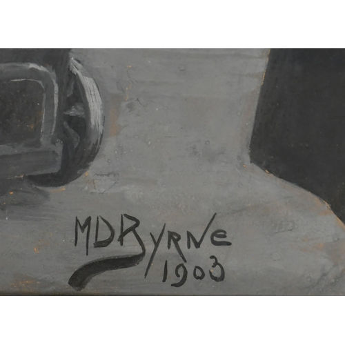 182 - M D Byrne (20th Century) Irish. Figures in a Station, Monochrome watercolour and gouache, Signed and... 