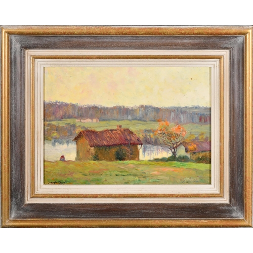 192 - Jean Galland (1880-1958) French. Cottage by a Lake, Oil on board, Signed and dated 1924, 9.5