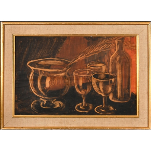 202 - Circle of Giorgio Morandi (1890-1964) Italian. Still Life of Glass, Oil on paper, 12.5