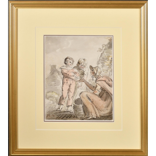 23 - Attributed to Paul Sandby (1731-1809) British. Children Buying a Woman's Wares, Watercolour and ink,... 