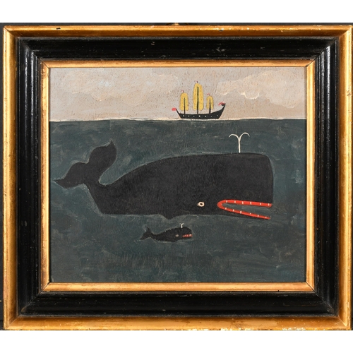 231 - 20th-21st Century English School. A Whale and Calf with a Ship Beyond, Oil on panel, 8.75