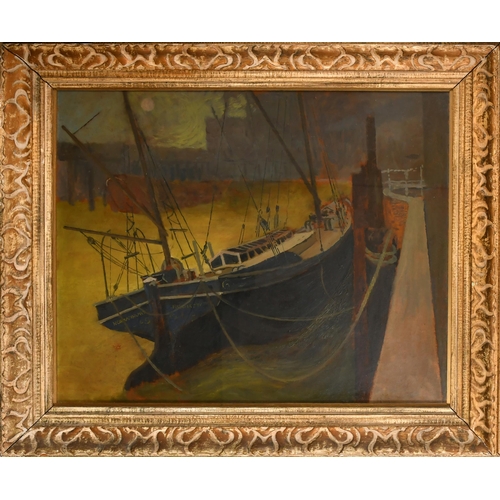 233 - K Rowntree (20th Century) British. A Moored Vessel, Oil on board, Signed with initials and dated '54... 