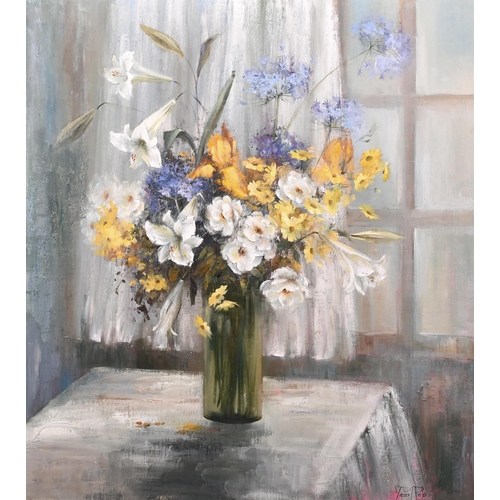 237 - Pearl Pols (20th Century) South African. Still Life of Flowers in a Glass Vase, Oil on artist's boar... 