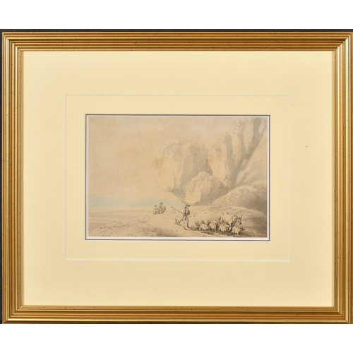 25 - Follower of Alexander Cozens (1717-1786) British. A Herdsman Passing the Rocks, Watercolour, Inscrib... 