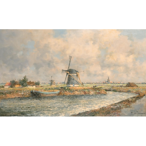 252 - Marinus Johannes Drulman de Jongere (1912-1978) Dutch. A River Scene with a Windmill and a distant C... 