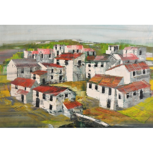 262 - Ronald Sydney Embleton (1930-1988) British. 'Village', Oil on board, Inscribed on a label verso, 15