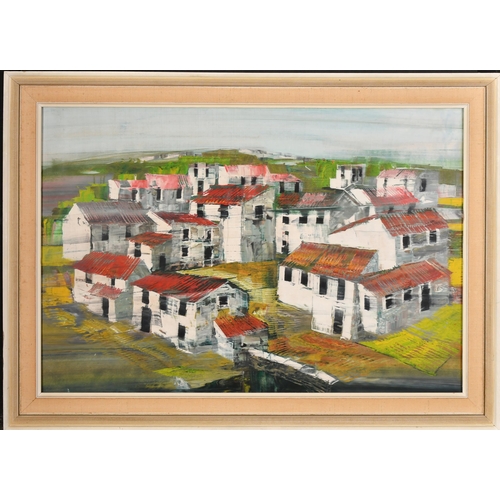 262 - Ronald Sydney Embleton (1930-1988) British. 'Village', Oil on board, Inscribed on a label verso, 15