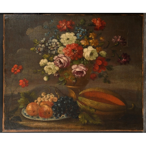 48 - 18th Century Italian School. Still Life of Flowers and Fruit in a Bowl, Oil on canvas, unframed, 20.... 