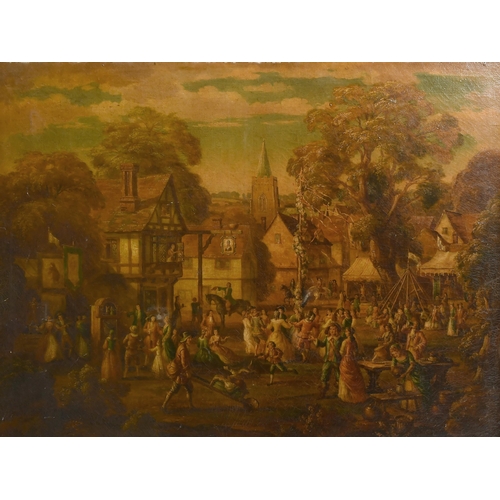 54 - Early 19th Century English School. A Village Fayre with Figures Dancing Round a Maypole, Oil on canv... 