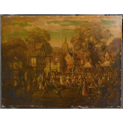 54 - Early 19th Century English School. A Village Fayre with Figures Dancing Round a Maypole, Oil on canv... 