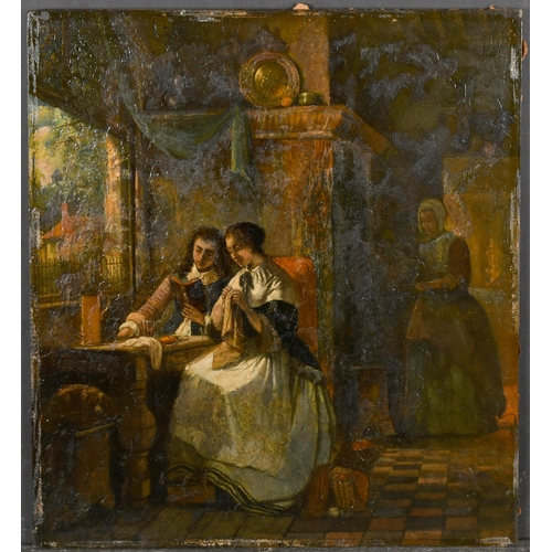 72 - 19th Century Dutch School. Elegant Figures in an Interior, Oil on panel, Indistinctly signed, unfram... 