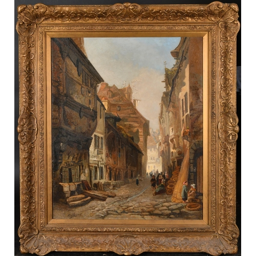 78 - 19th Century European School. Figures in a Street, Oil on canvas, Indistinctly signed and dated 1876... 