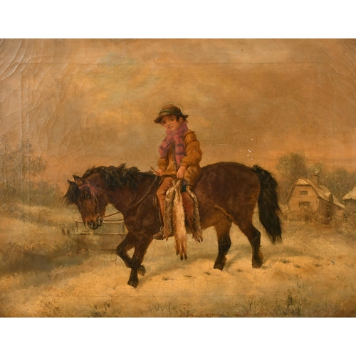 89 - Hillyard (19th Century) British. A Young Boy on a Pony Carrying Dead Game, Oil on canvas, Signed and... 