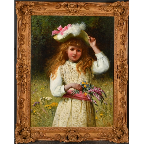 95 - Jane Maria Bowkett (1837-1891) British. A Young Girl with a Feathered Hat holding a Posy of Flowers,... 