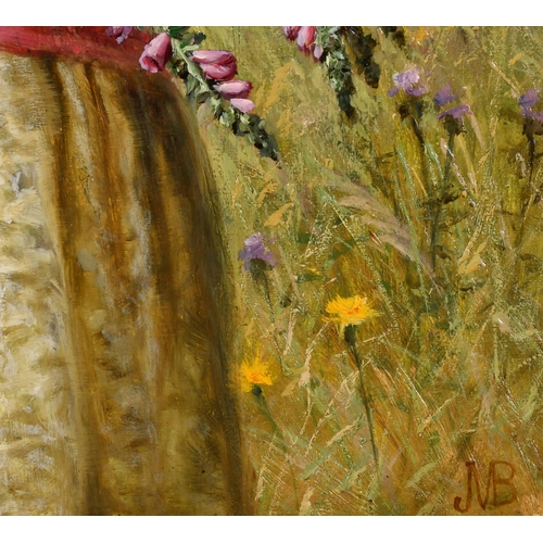 95 - Jane Maria Bowkett (1837-1891) British. A Young Girl with a Feathered Hat holding a Posy of Flowers,... 