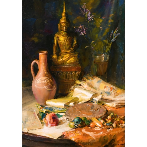 149 - Catherine M Wood (1857-1939) British. Still Life on a Table, Oil on canvas, Signed, 20.5