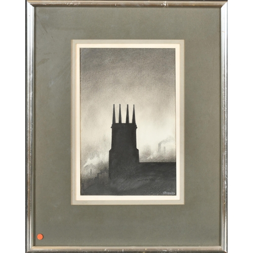 134 - Trevor Grimshaw (1947-2001) British. Church in an Industrial Landscape, Chinagraph and pencil, Signe... 