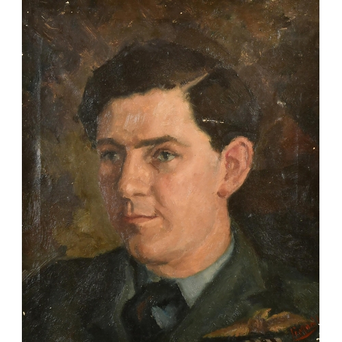 144 - 20th Century English School. Head Study of a Royal Air Force Pilot, Oil on canvas, Indistinctly sign... 
