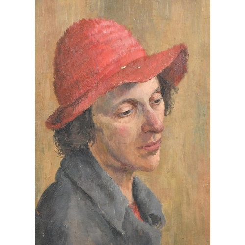 145 - 20th Century English School. Bust Portrait of a Lady in a Red Hat, Oil on board, 16
