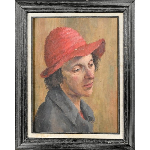 145 - 20th Century English School. Bust Portrait of a Lady in a Red Hat, Oil on board, 16