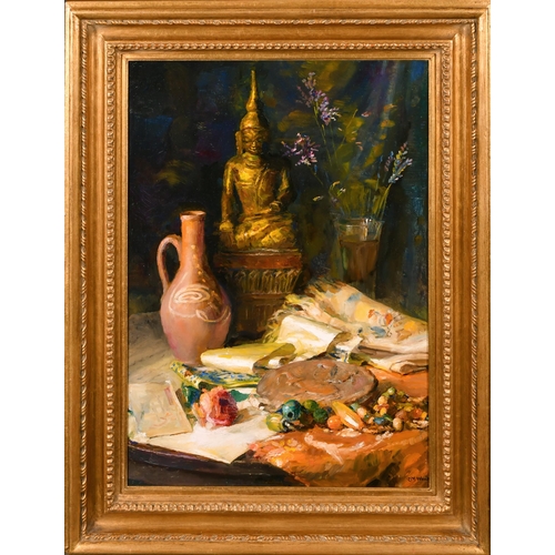 149 - Catherine M Wood (1857-1939) British. Still Life on a Table, Oil on canvas, Signed, 20.5