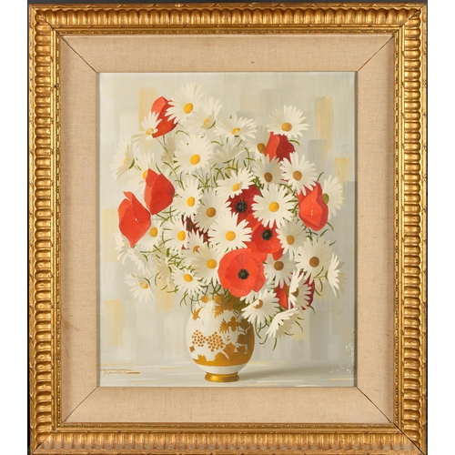 188 - Elisabeth Rouviere (20th-21st Century) French. Daisies and Poppies in a Vase, Oil on canvas, Signed,... 