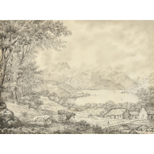 20 - Early 19th Century European School. Cattle in a Mountainous River Landscape, Pencil and wash, 8.75