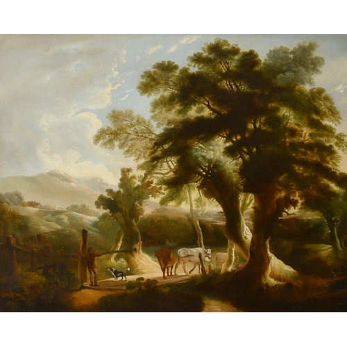 22 - Circle of Charles Towne (1763-1840) British. A Drover and Cattle Crossing a Bridge, Oil on canvas, 2... 