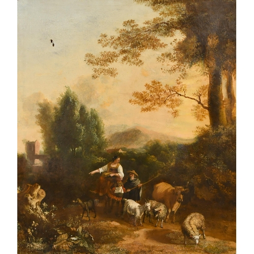 34 - Circle of Nicolaes Berchem (1620-1683) Dutch. Figures and Cattle in a Landscape, Oil on canvas, 31