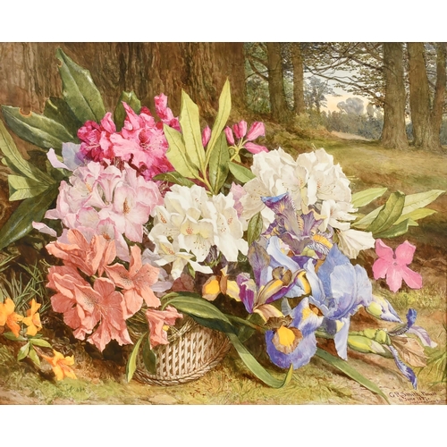 36 - G R Smith (19th Century) British. Still Life of Flowers in a Wicker Basket on a Bank, Oil on Porcela... 